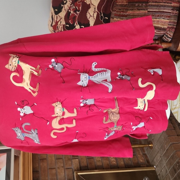 Bechamel Petites size PL cats and mice themed pullover long sleeve shirt red - Picture 3 of 15